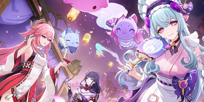 Genshin Impact's Yae Miko, Raiden Shogun, and Yumemizuki Mizuki celebrate in Inazuma.