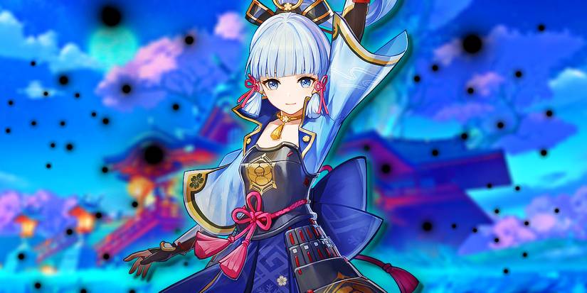 Genshin Impact's Ayaka raises her arm to the sky, with Inazuma in the background.