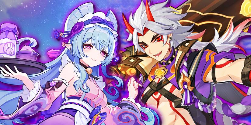 Genshin Impact's Yumemizuki Mizuki and Arataki Itto pose next to each other.