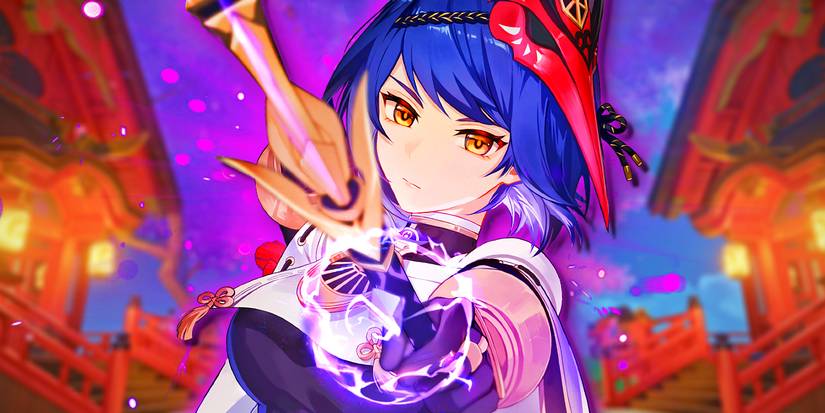 Genshin Impact's Kujou Sara draws her bow in Inazuma.