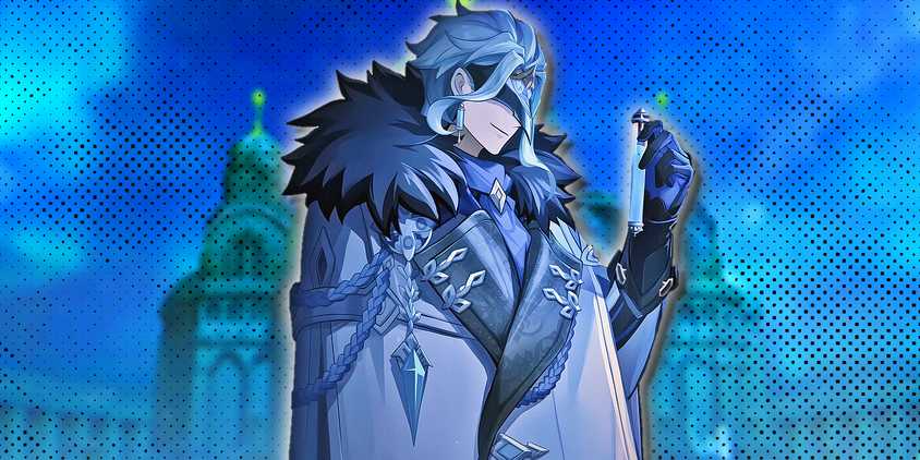 Genshin Impact's Dottore looks at a vial with blue liquid.