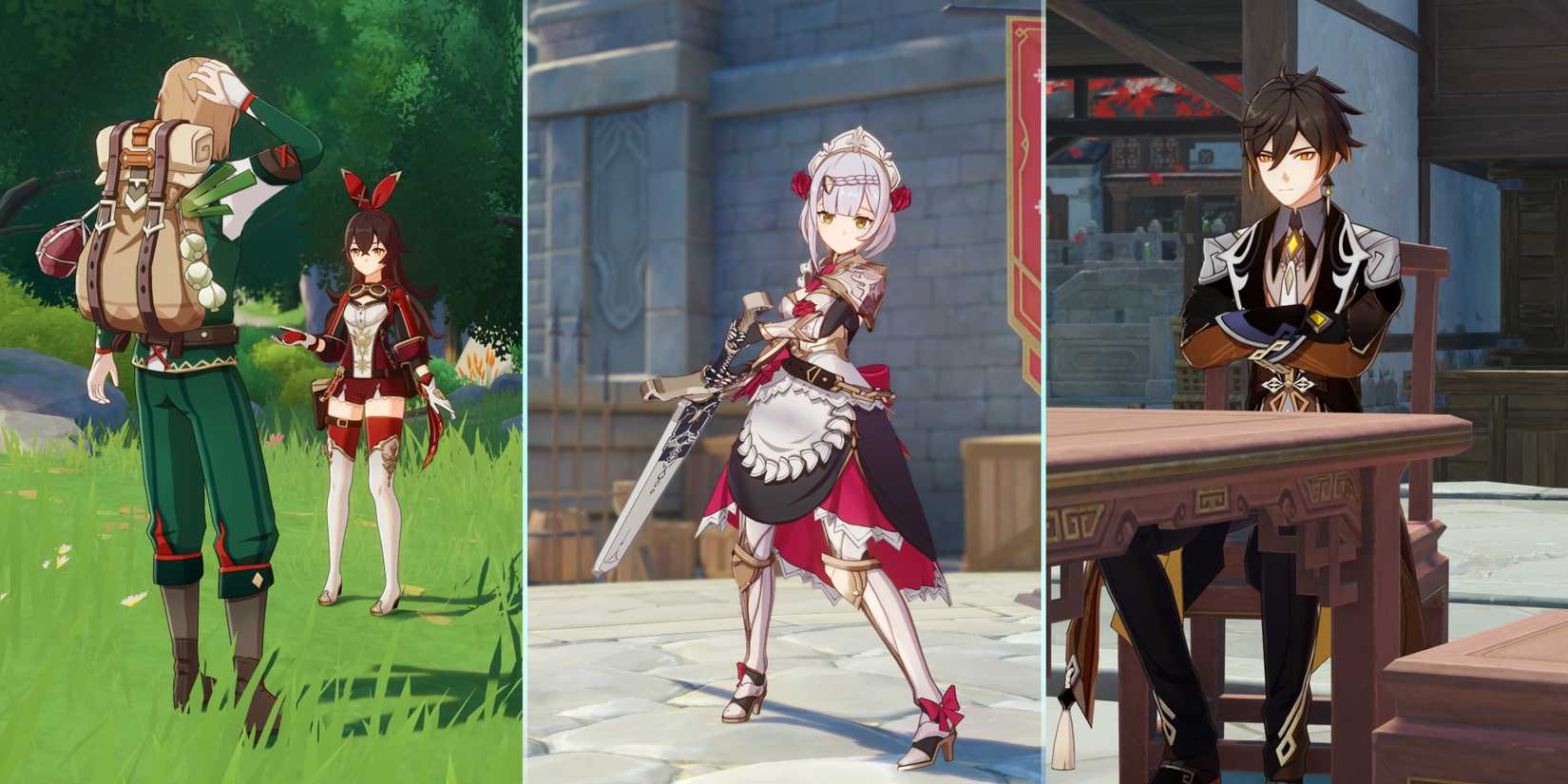Genshin Impact's Amber, Noelle, and Zhongli appear in different locations.