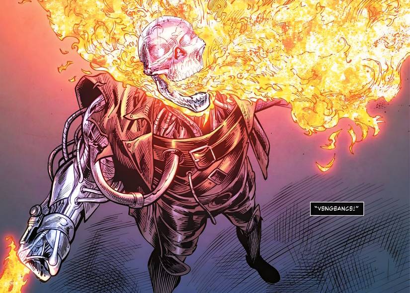 Ghost Rider 2099 breathes fire into the air.