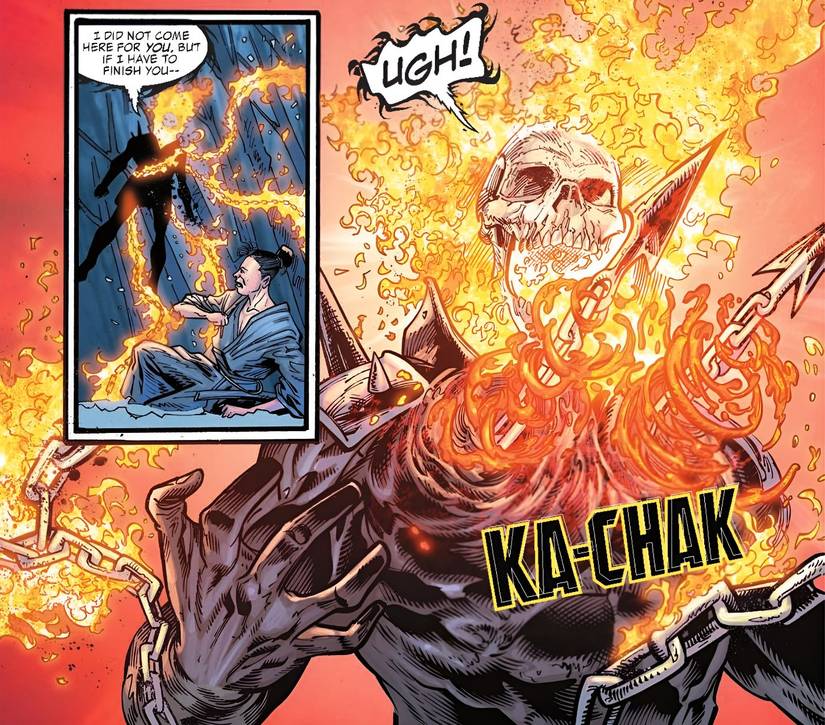 Ghost Rider is stabbed through the chest by a chained weapon.