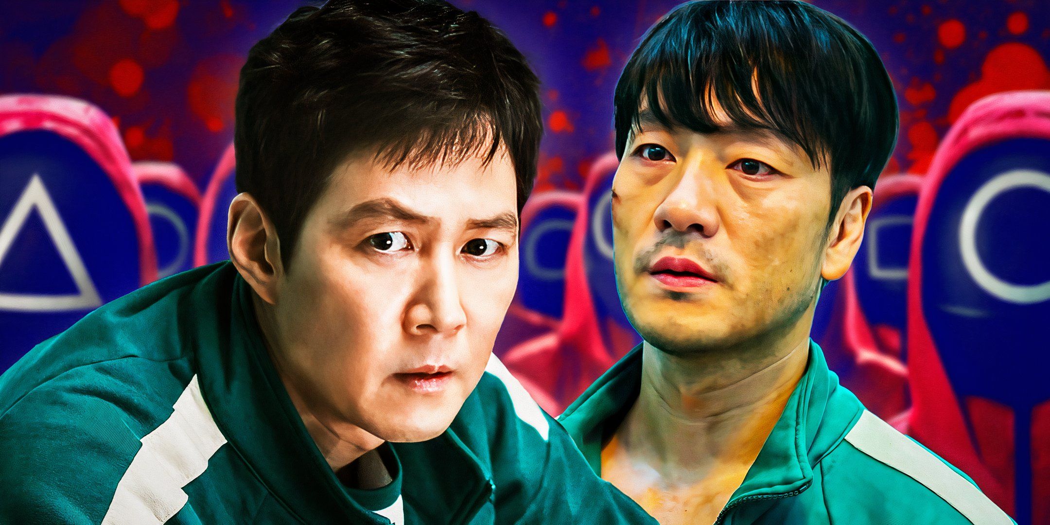 An edited image of Gi-hun and Sang-woo looking concerned in Squid Game.