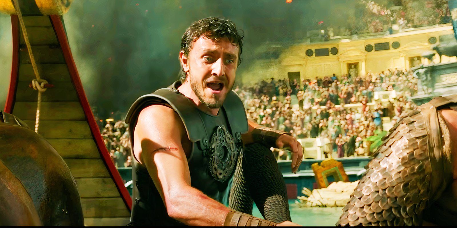 Paul Mescal yells as Lucius in the Colosseum in Gladiator 2