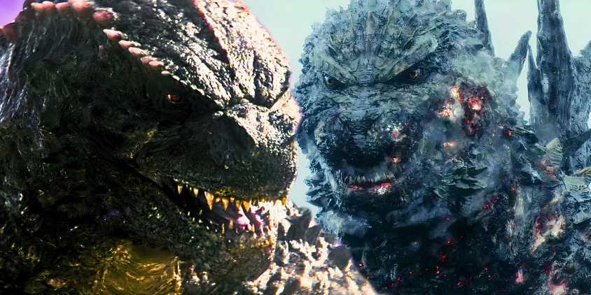 Godzilla opening his mouth in Godzilla x Kong The New Empire Godzilla glaring in Godzilla Minus One