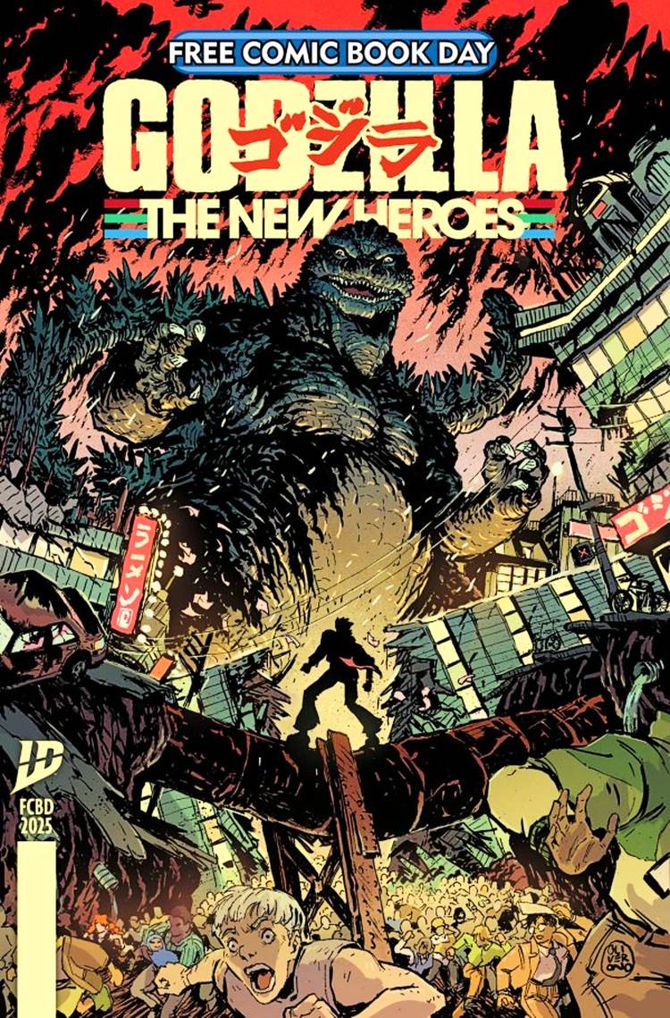 Godzilla the New Heroes cover, Godzilla rampaging through a city as civilians flee