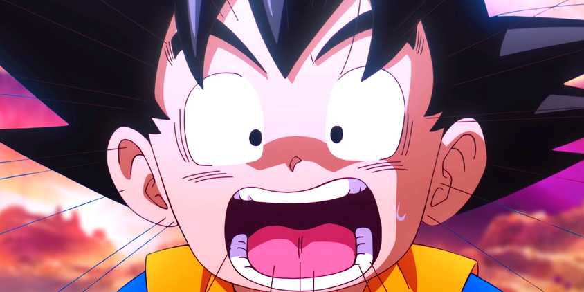 Goku in his child form from DAIMA screaming in shock. Behind him, the Demon Realm can be seen.