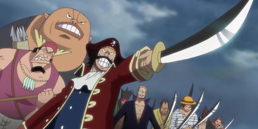 Gold Roger pointing his sword alongside his crew in One Piece.