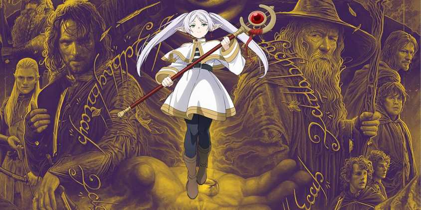 The Lord of the Rings poster behind Frieren from Frieren: Beyond Journey's End