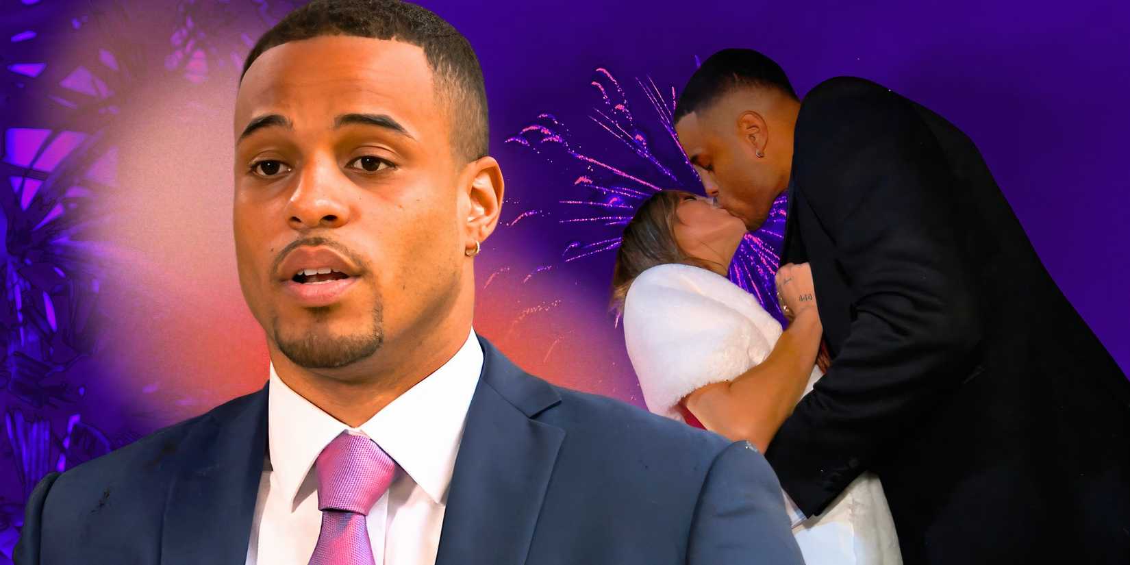 montage of The Bachelor seaosn 29 lead Grant Ellis with an image of him kissing a women
