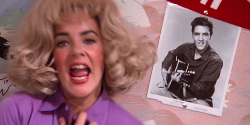 Grease Rizzo singing Look at Me I'm Sandra Dee next to a pic of Elvis Presley