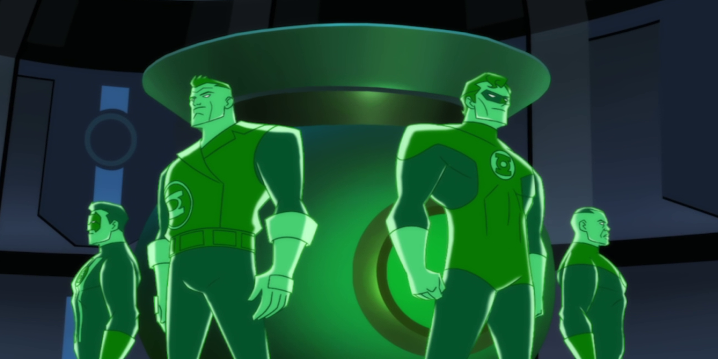 Miembros del Cuerpo de Linterna Verde Kyle Reiner Gay Gardner Hal Jordan y John Stuart en la Liga de la Justicia contra Fatla