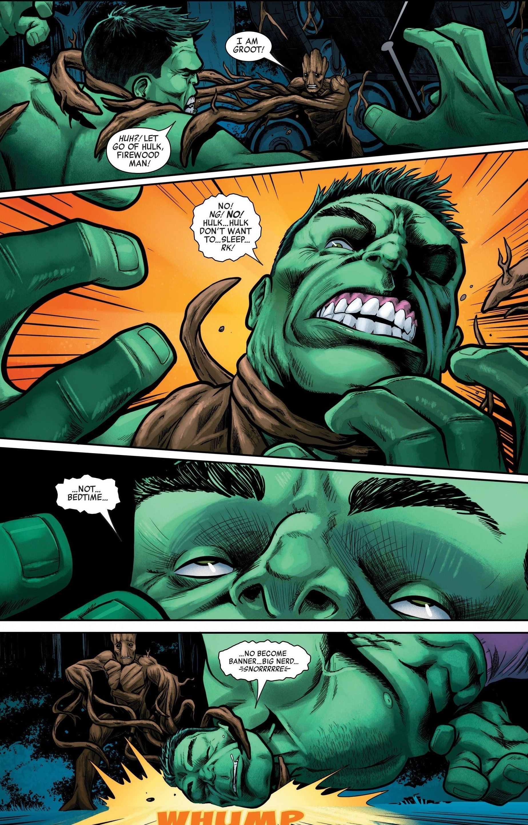 Comic book page: Groot suffocates the Hulk until he passes out.