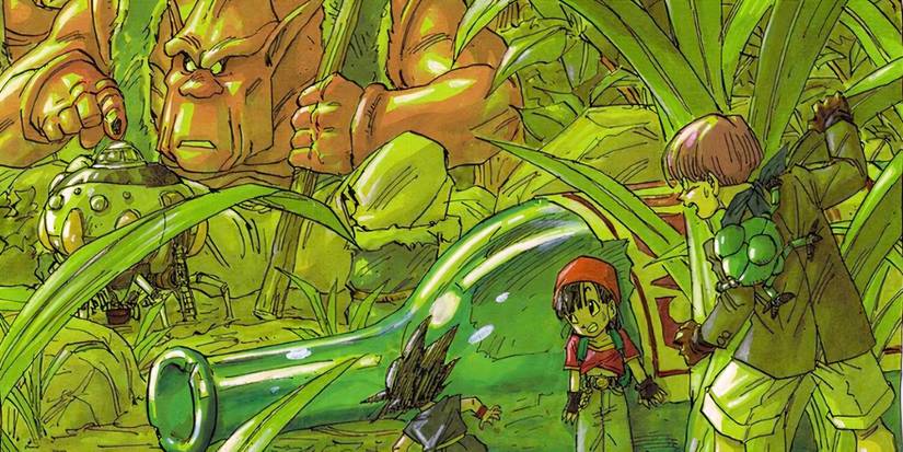 Goku, Trunks, and Pan looking on at Giants in artwork created by Akira Toriyama.