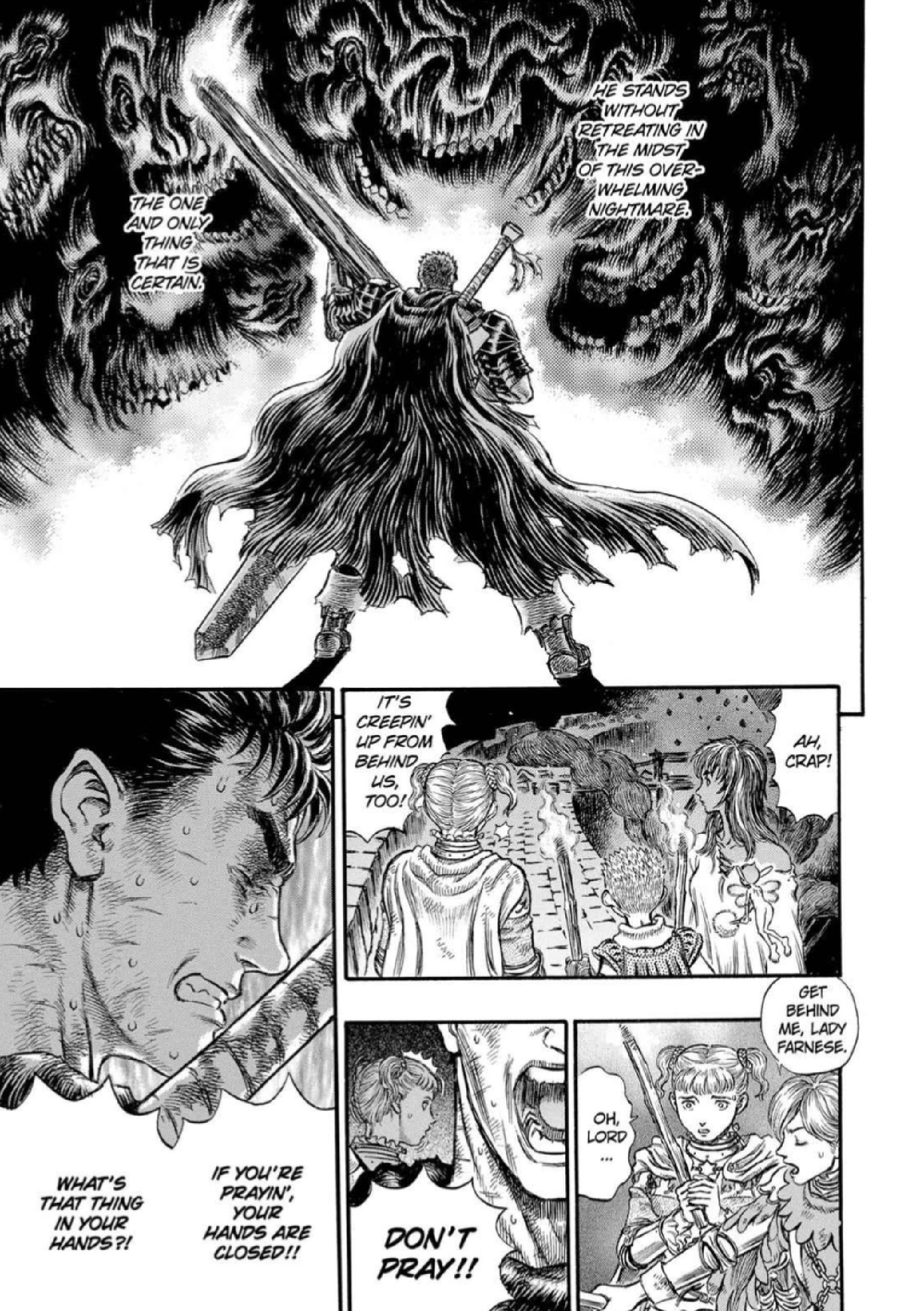 Guts gritando para Farnese parar de orar