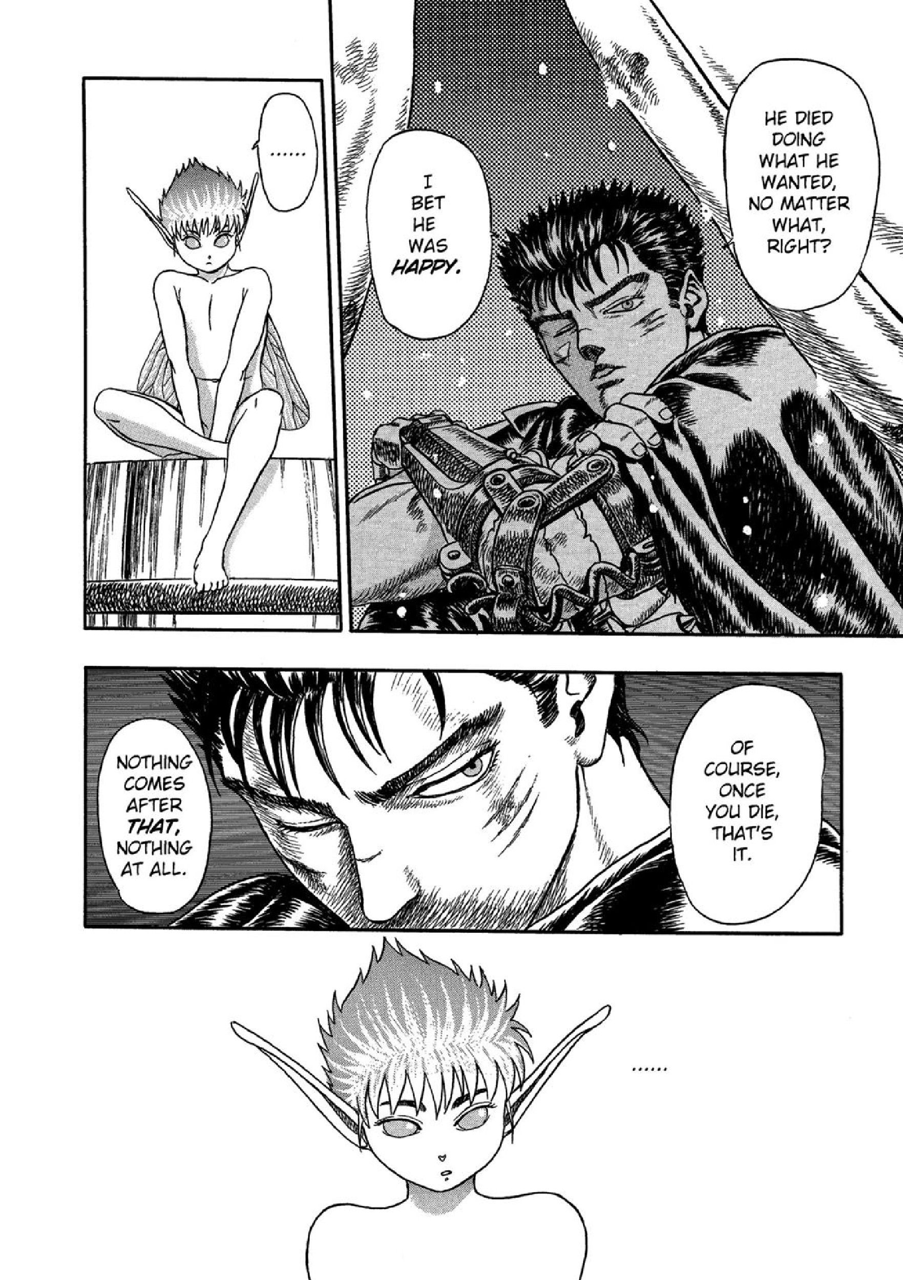 Guts conversando com um padre e Puck ouvindo