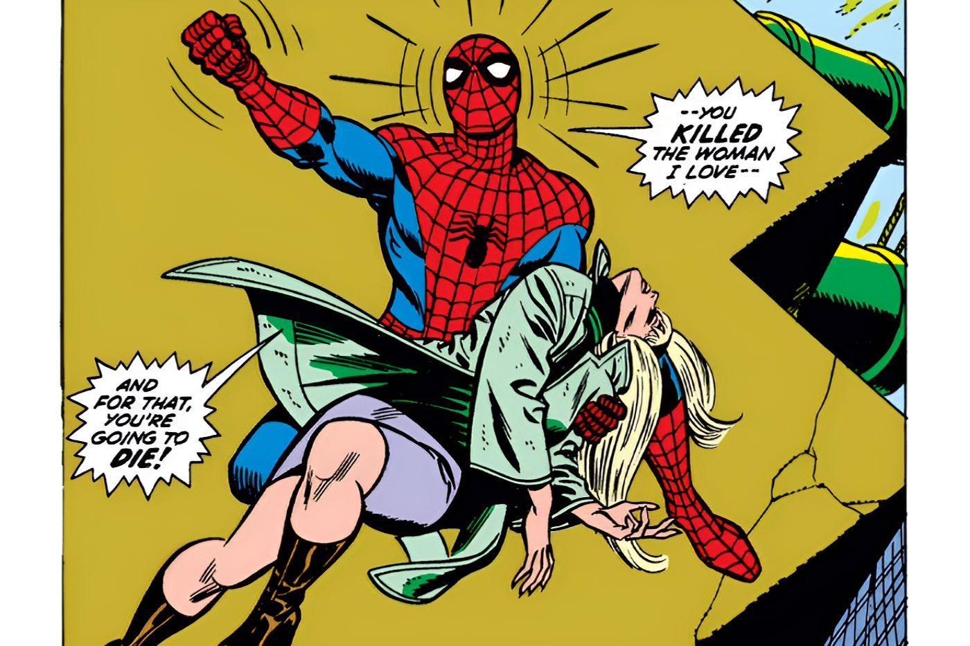 Gwen Stacy meurt dans les bras de Spider-Man.