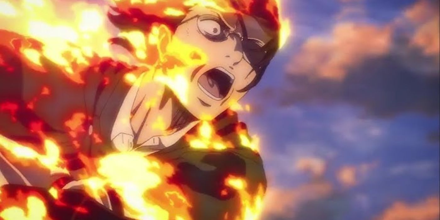 Hange trying to attack the colossal titans while her body burned