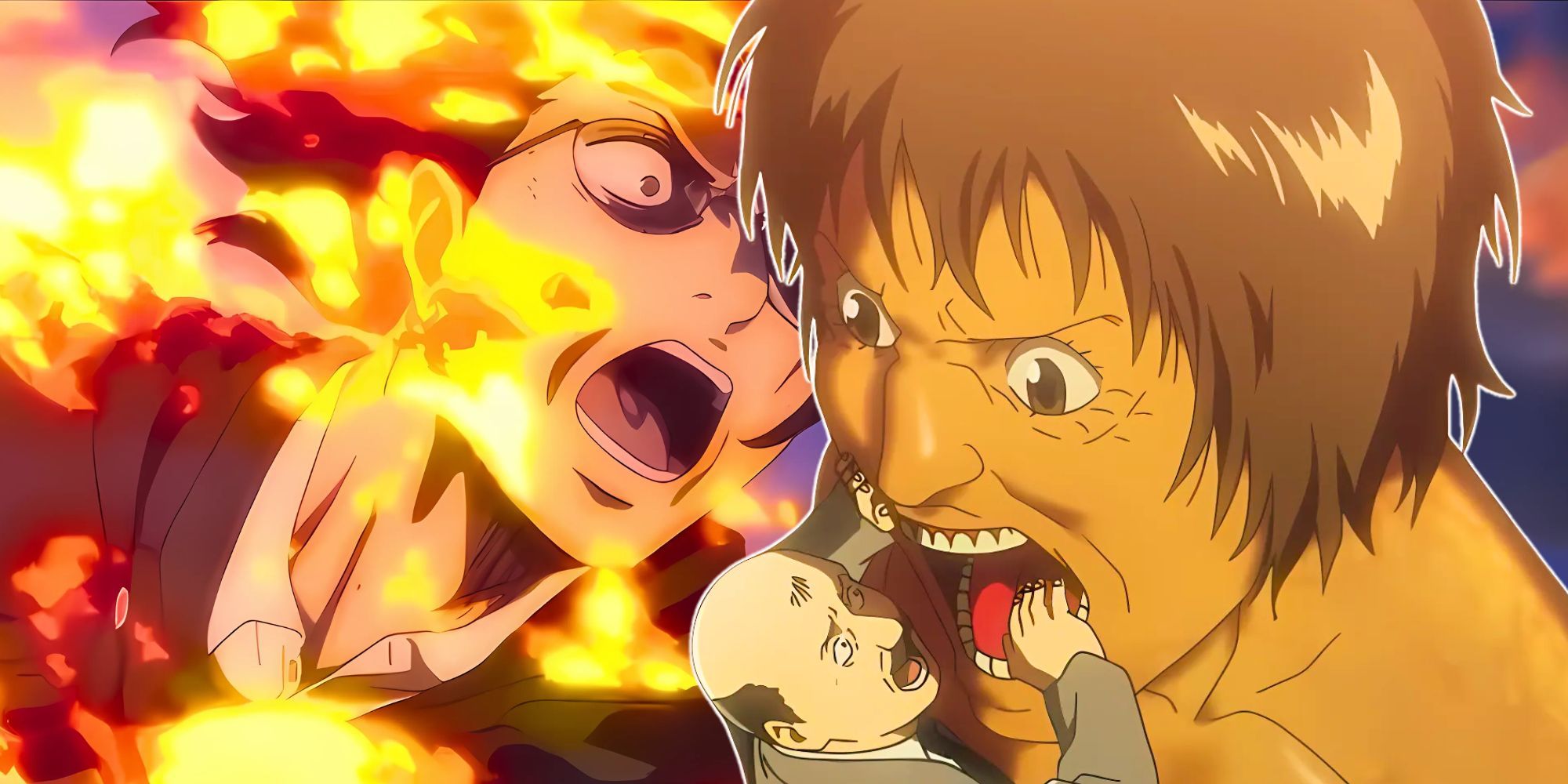 Hange Zoe being burned alive while fighting and Comrade D trying to eat Gross edited in one picture 