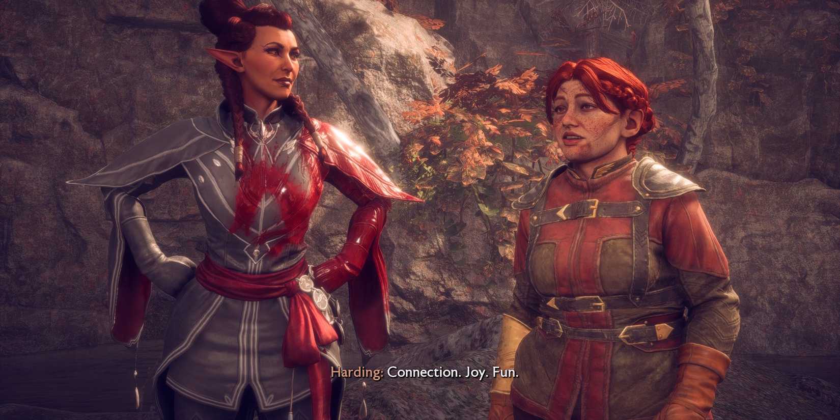 Harding and an elven Rook talk about using positive emotions for magic in Dragon Age: The Veilguard.