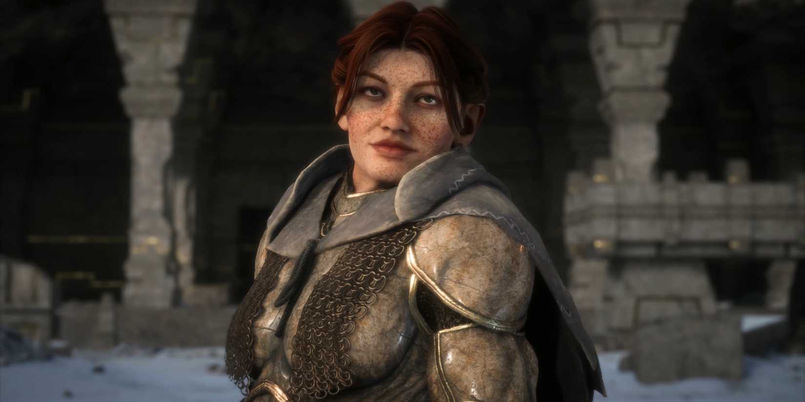 Harding smiles as she looks into the distance in Dragon Age: The Veilguard.