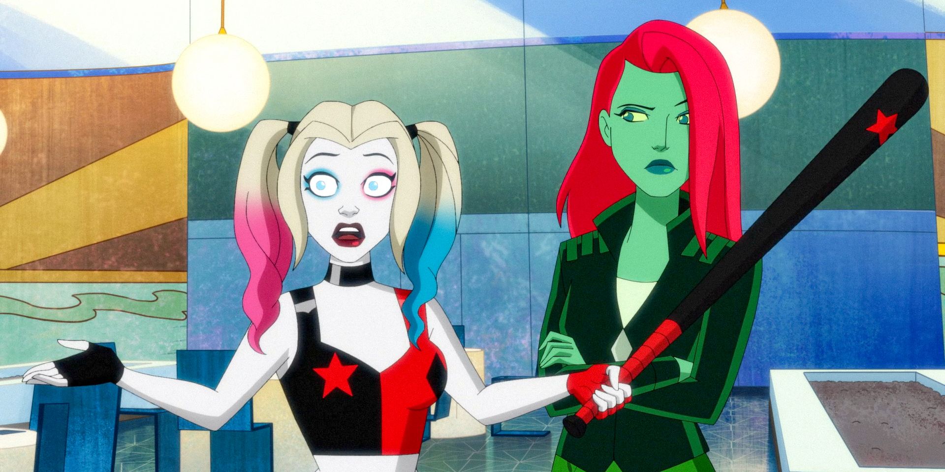 Harley Quinn and Poison Ivy looking shocked in Harley Quinn Season 5 Ep 1