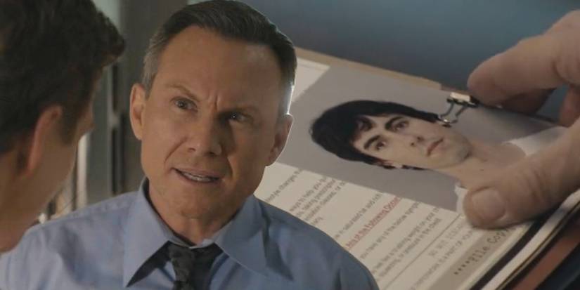 Harry Morgan (Christian Slater) looking confused and a picture of Brian Moser in Dexter: Original Sin season 1, episode 8