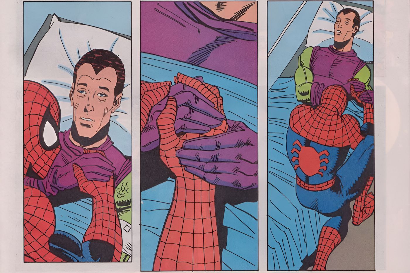 Spider-Man tient la main d'Harry Osborn alors qu'il meurt.