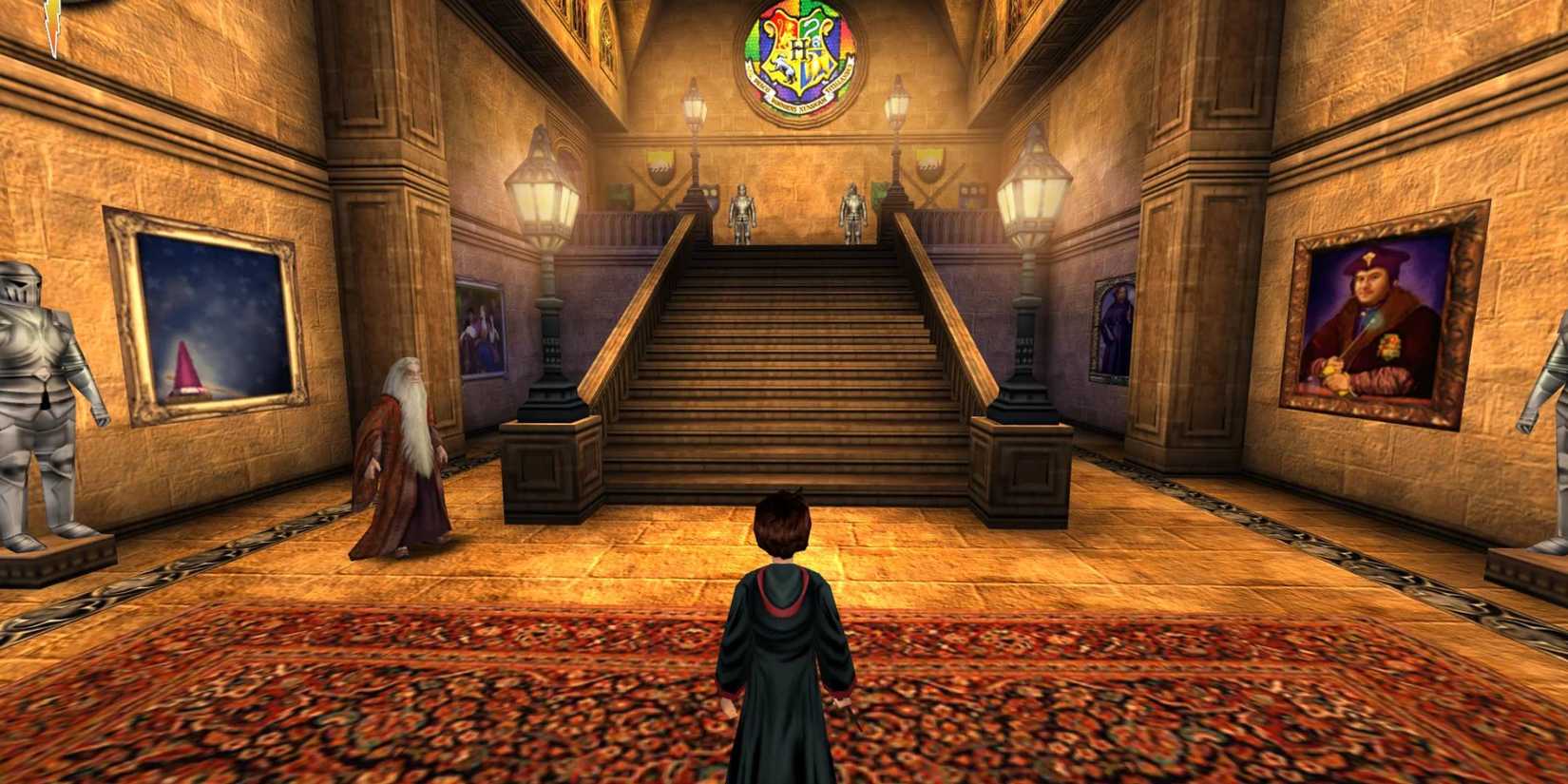 Harry Potter standing at the bottom of a staircase in Hogwarts next to Dumbledore in Harry Potter and the Sorcerer's Stone PC game.