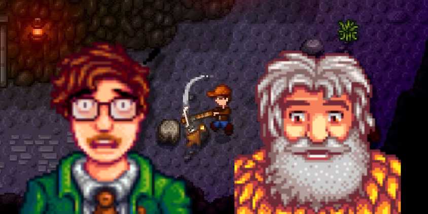 Harvey and Linus looking surprised at a player breaking a rock in the mines in Stardew Valley.