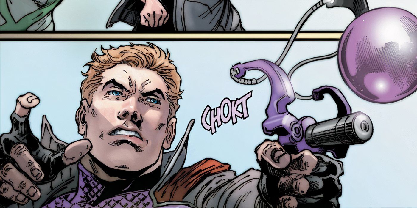 Hawkeye using a slingshot in Marvel Comics.