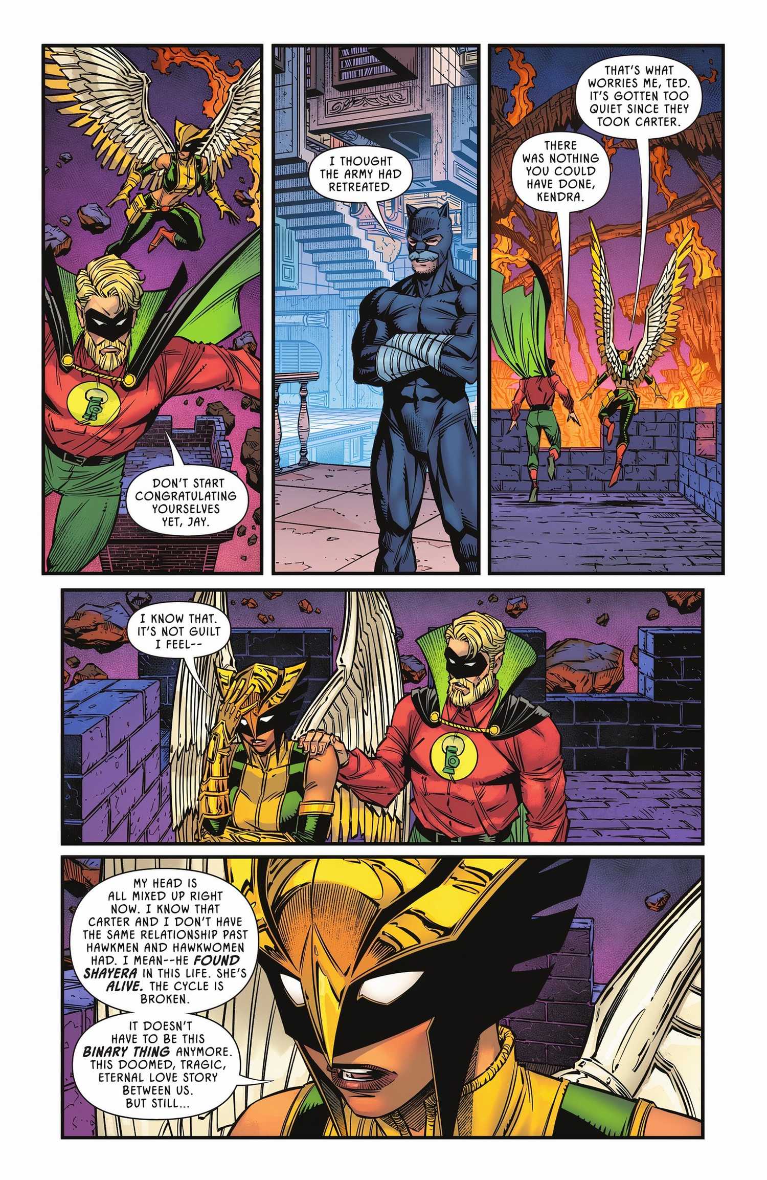 Five panels of Green Lantern Alan Scott talking to Hawkgirl