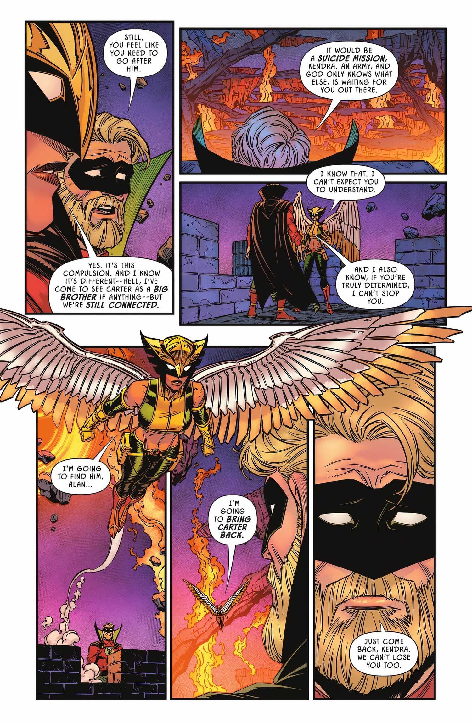 Six panels of Hawkgirl talking to Green Lantern Alan Scott