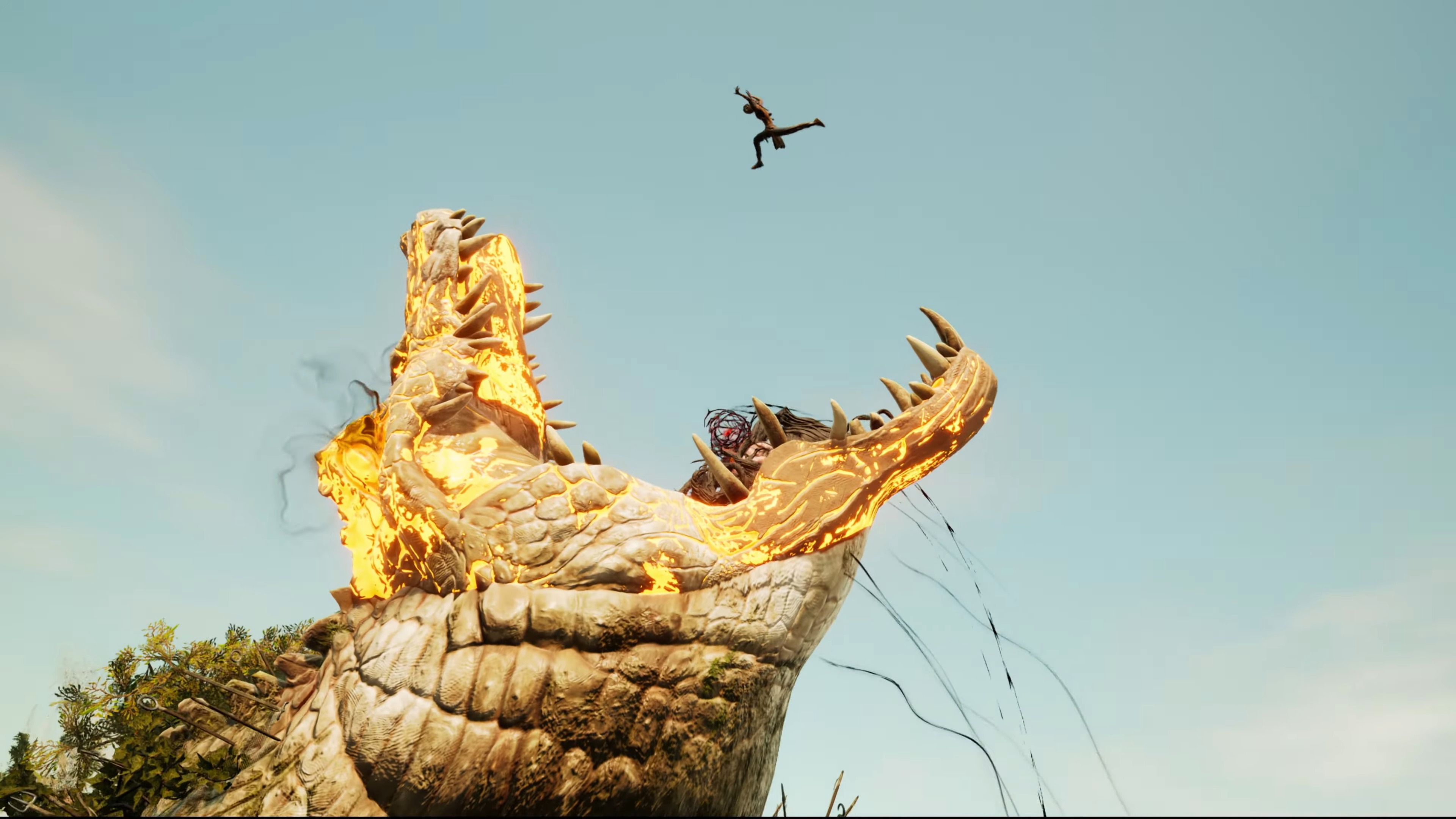 Hazel flying through the air, suspended over the mouth of a giant alligator in South of Midnight.