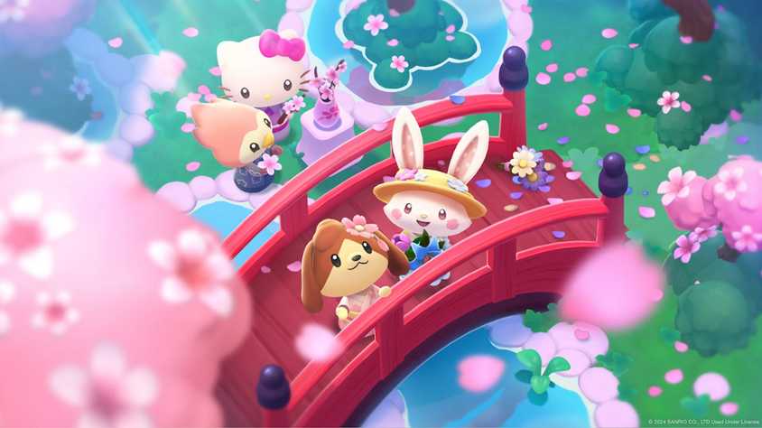 Hello Kitty Island Adventure Mellow Meadows Update Key Art showing player and Wish Me Well on a bridge