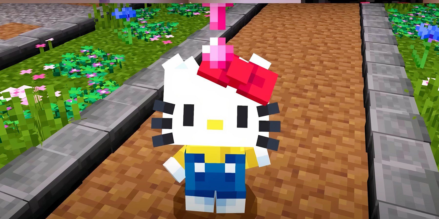 Hello Kitty sanrio character in minecraft looking up at player with excalmation point