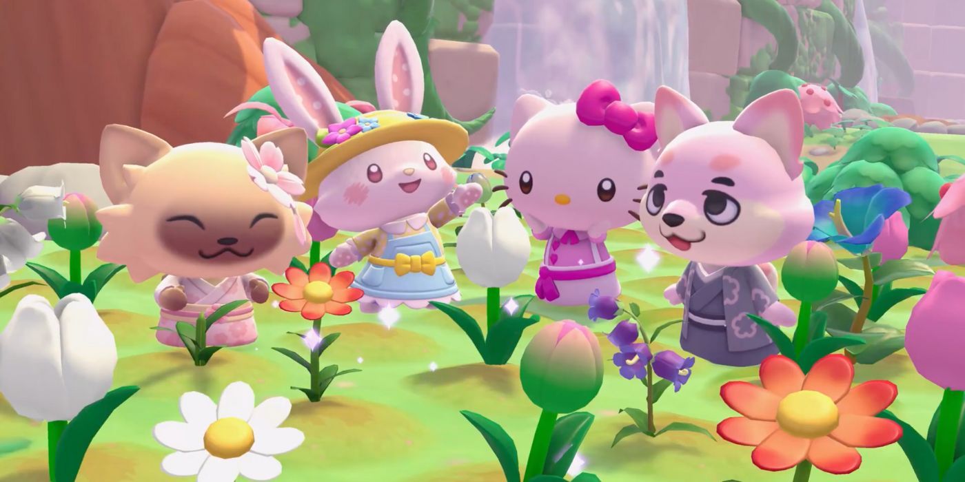 Hello Kitty, desire -me Mell, and players enjoying flowers in Hello Kitty Island Adventure