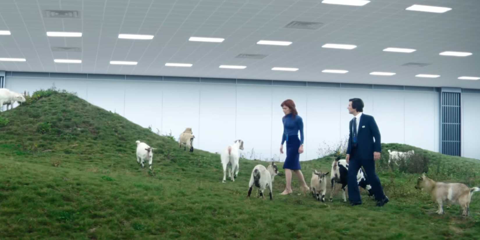 Helly and Mark walking through the Mammalians Nurturable goat department in Severance season 2 episode 3