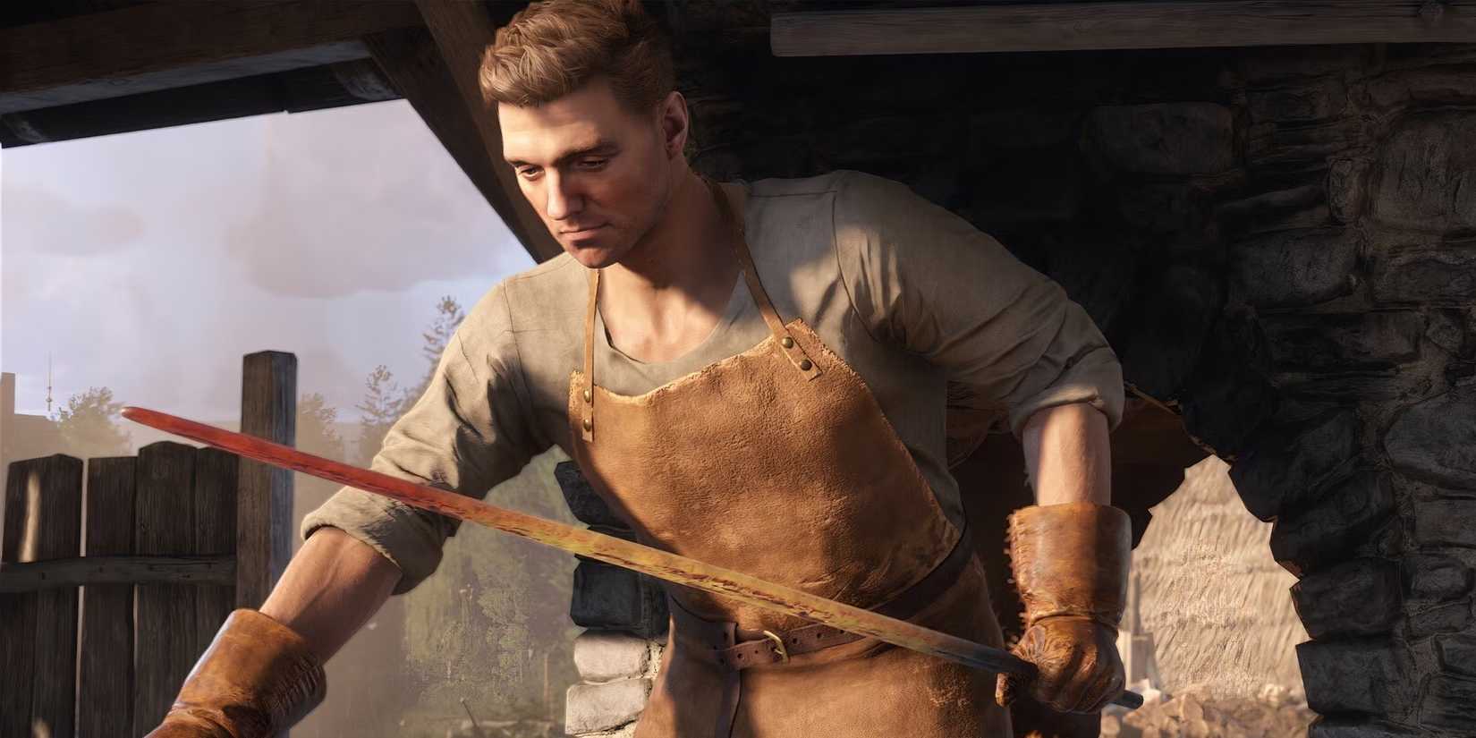 Henry holding a red-hot sword in a smithy in Kingdom Come: Deliverance 2.