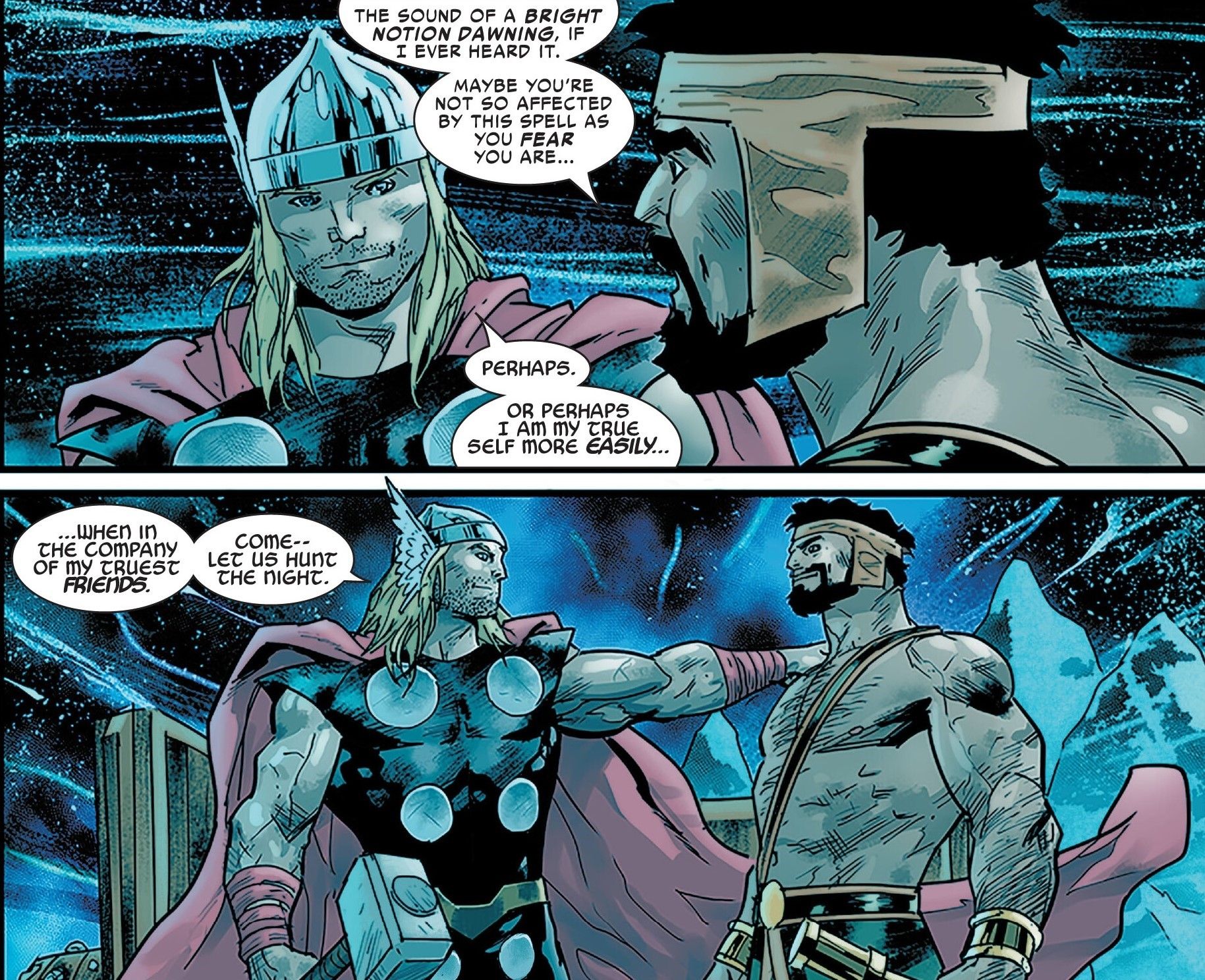 Comic panels: Thor calls Hercules of his truest friend.