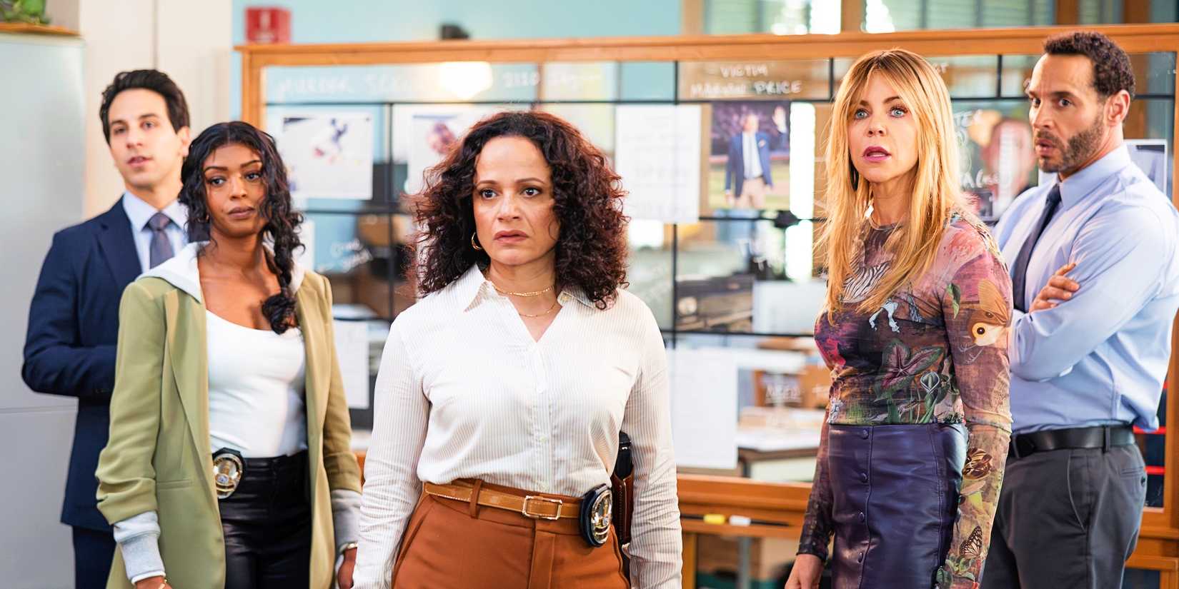 Oz (Deniz Akdeniz), Daphne (Javicia Leslie), Selena (Judy Reyes), Morgan (Kaitlin Olson), and Karadec (Daniel Sunjata) working together in High Potential.