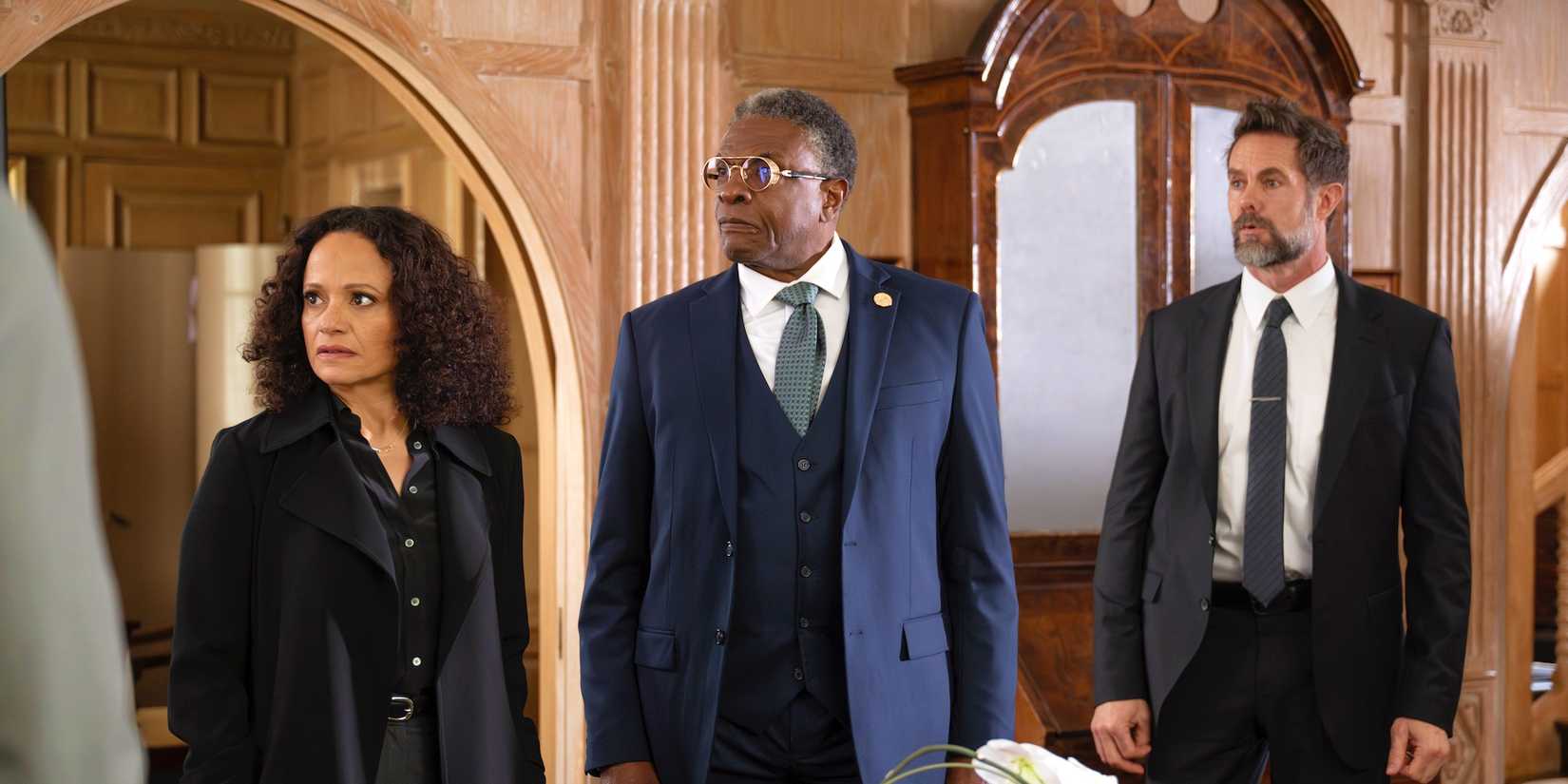 Selena Soto (Judy Reyes), Chief Pacheko (Keith David), and Lieutenant Melon (Garret Dillahunt) in High Potential season 1, episode 11.