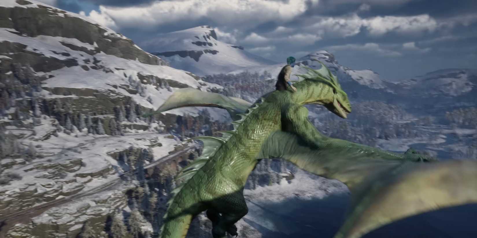 The player riding a dragon in Hogwarts Legacy