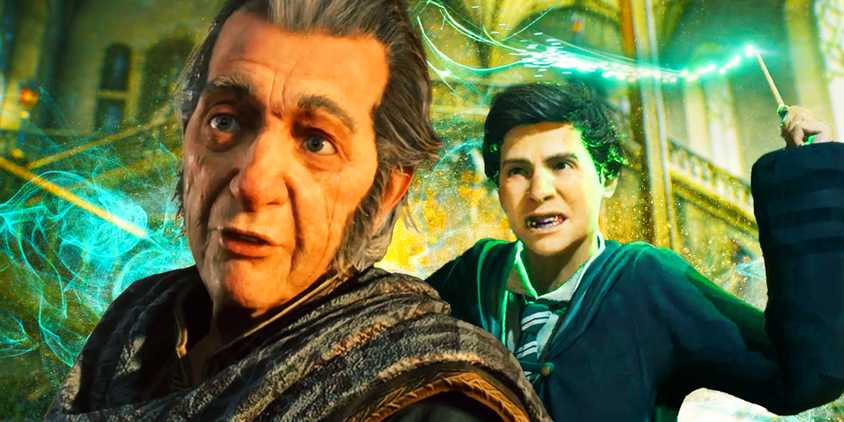 Hogwarts Legacy school with one of the students casting a spell and a professor