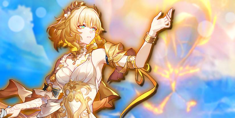 Honkai Star Rail's Aglaea extends her hand up to Amphoreus' Titan.