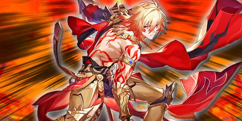 Honkai Star Rail's Mydei is curved over, charging an attack.