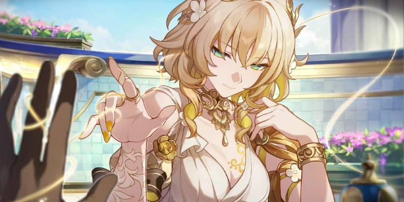 Honkai Star Rail's Aglaea lifts her finger up.
