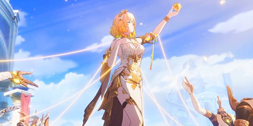 Honkai Star Rail's Aglaea raises a golden sphere into the air.